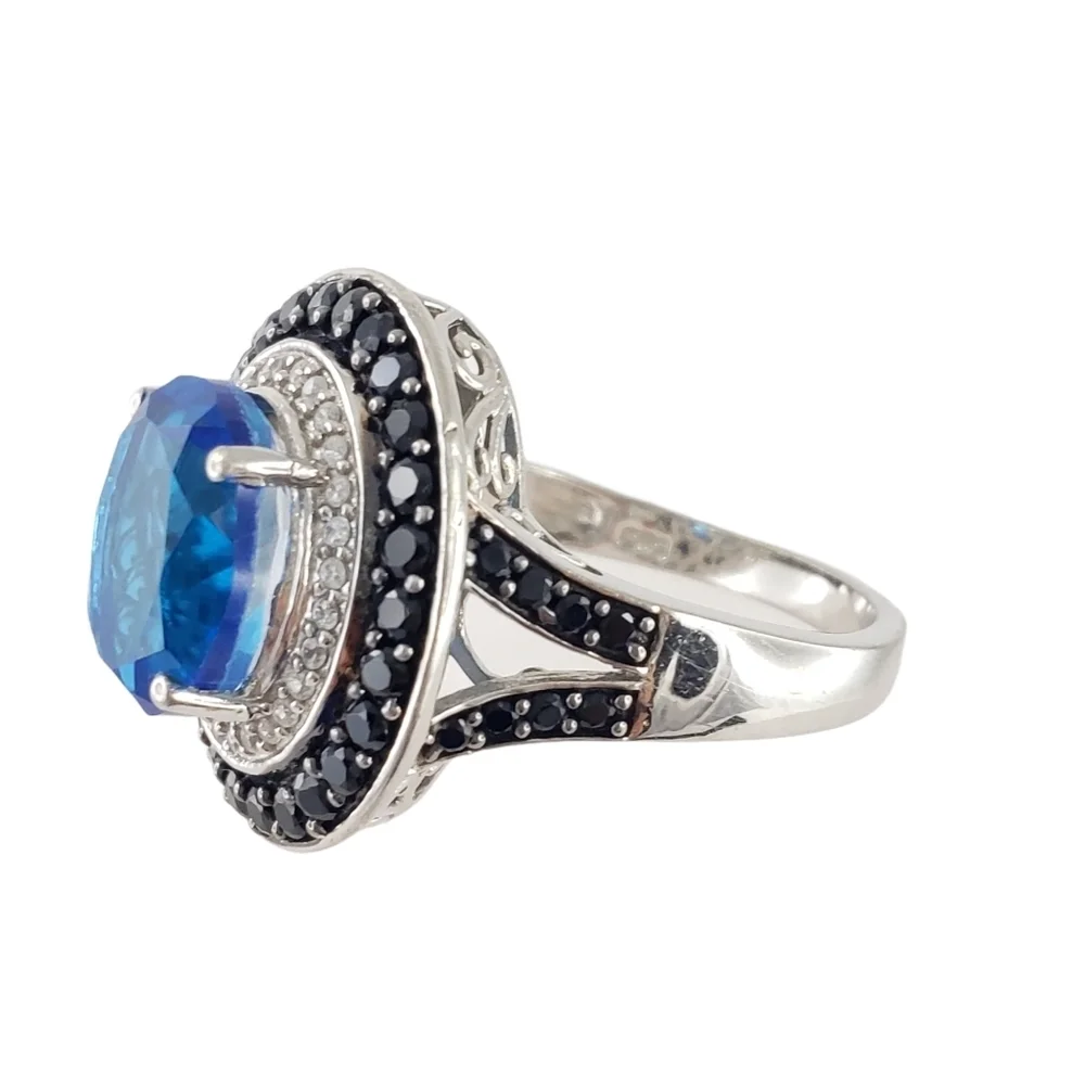 Swiss Blue Topaz Statement Ring black spinel sterling silver ring size 10